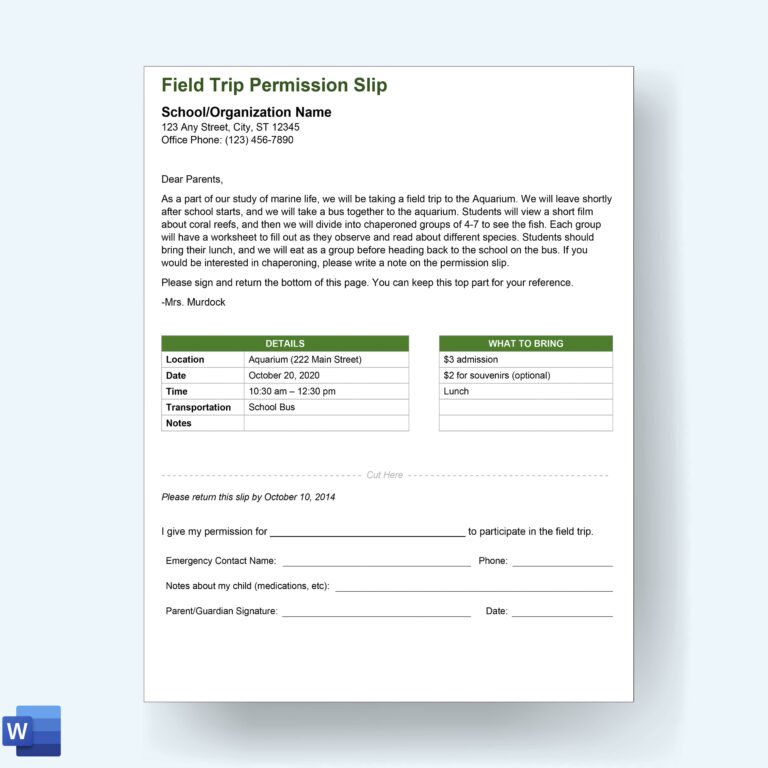 Field Trip Permission Slip Template MbcVirtual