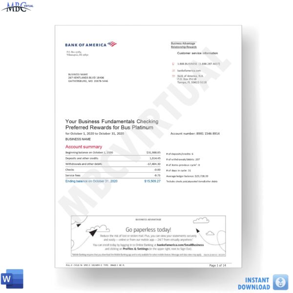 Bank Of America Statement Template 1 - Business Fundamentals Checking - MbcVirtual