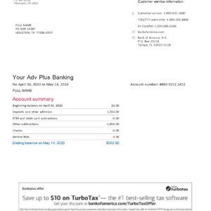 Bank Of America Statement Template – Adv Plus Banking