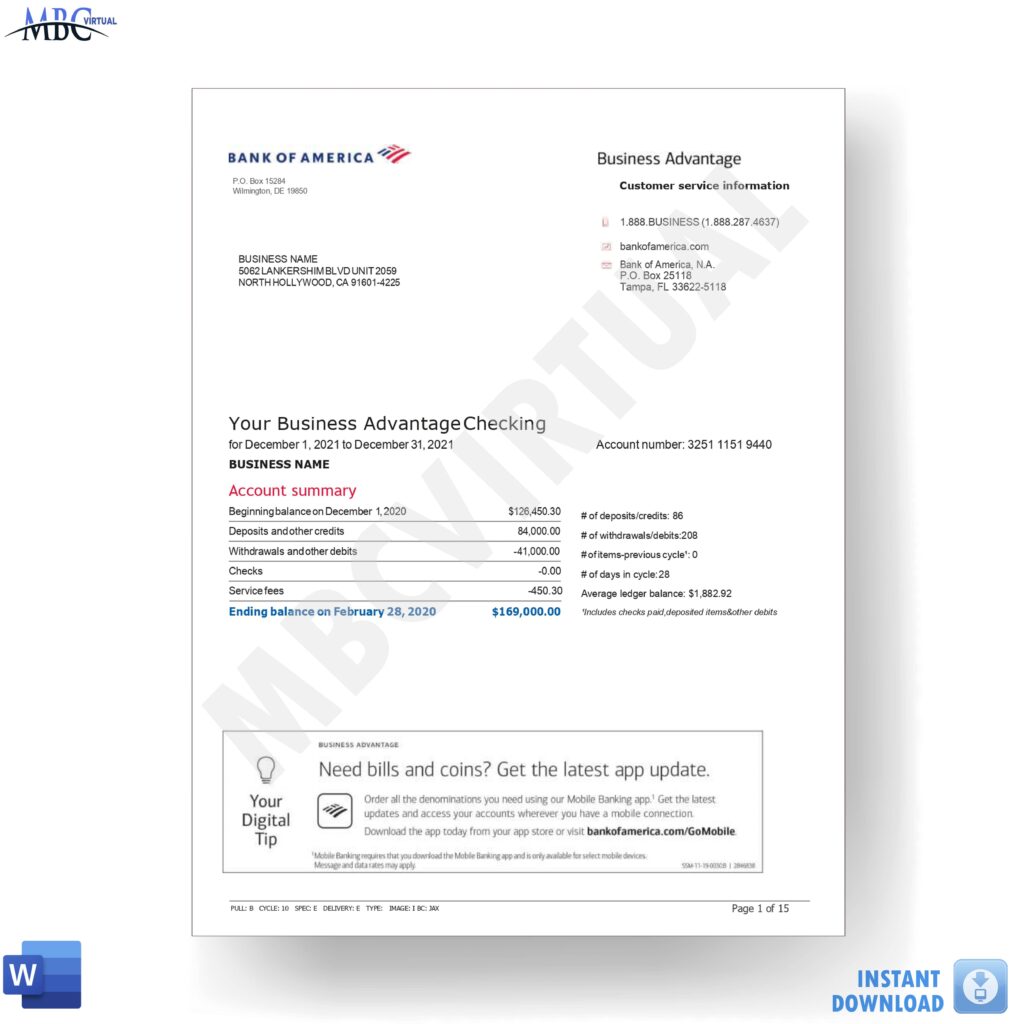 Bank Of America Statement Template Business Advantage Checking