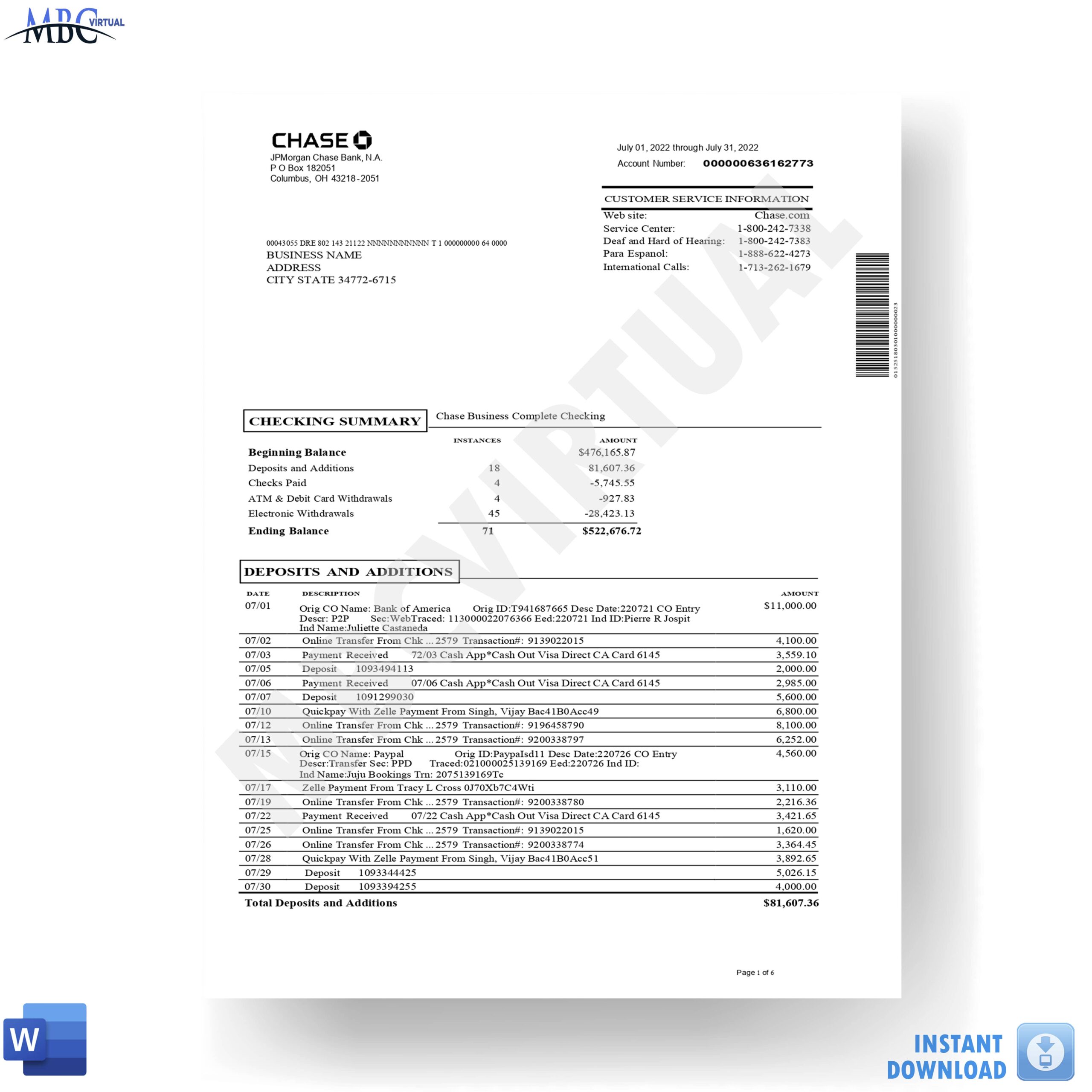 New 2023 Chase Bank Statement Template Chase Business Complete 