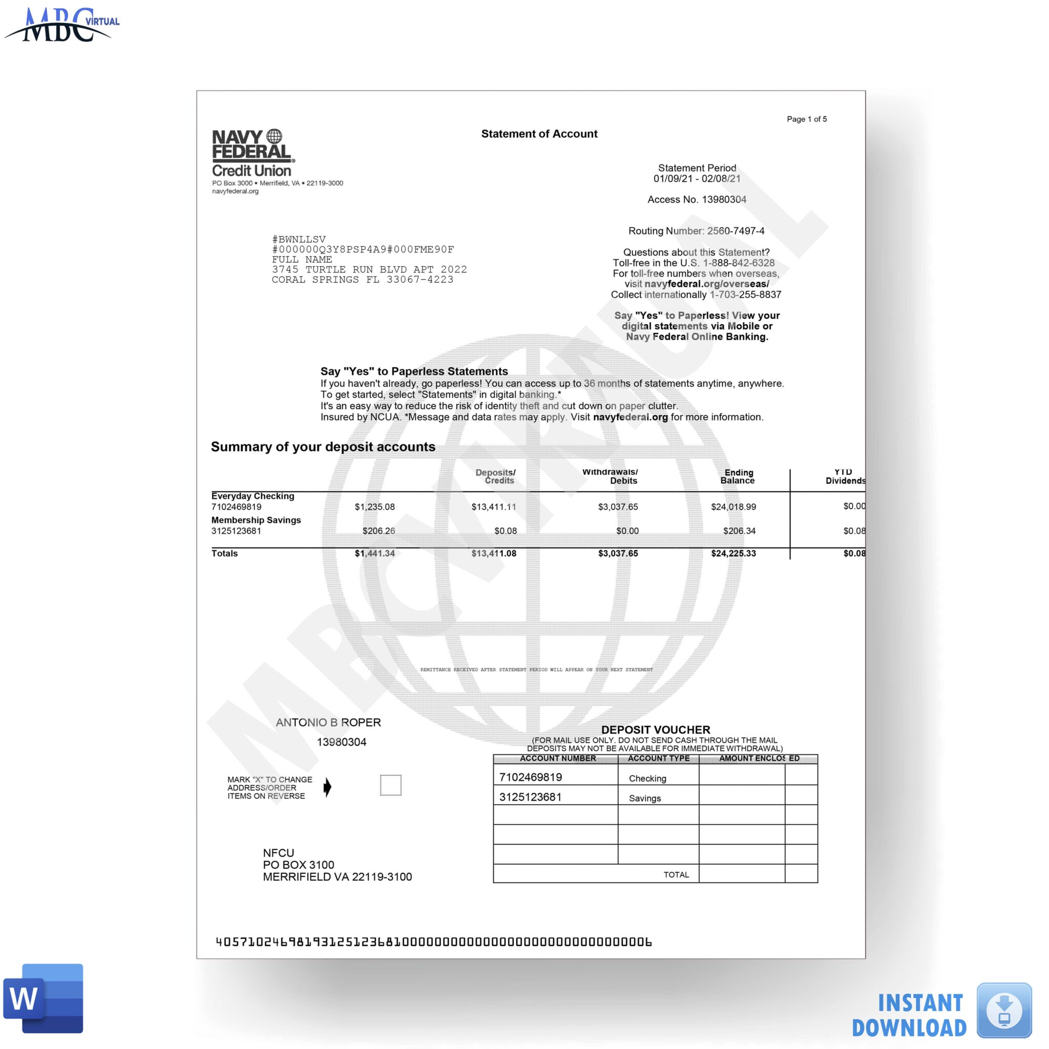 Navy Federal Credit Union Bank Statement Template