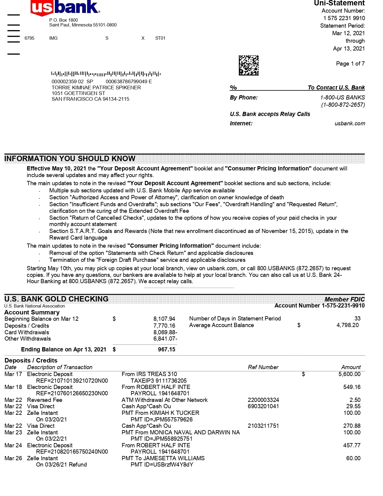 us bank statement balance vs current balance