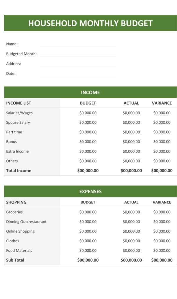 House Hold Monthly Spread Sheet Template - MbcVirtual