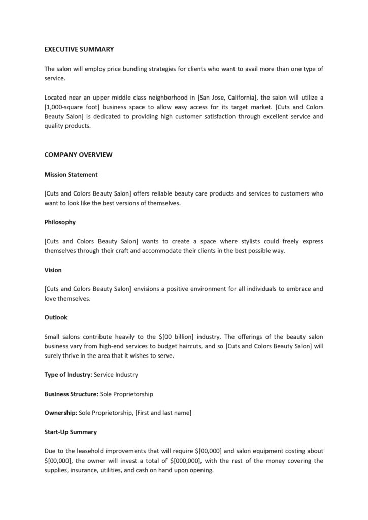 beauty salon business plan template