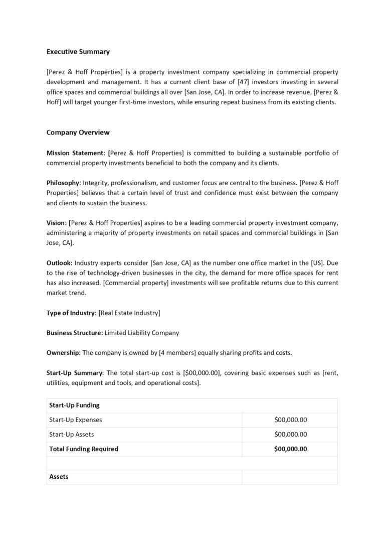 property investment business plan template