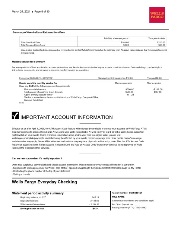 New 2023 Wells Fargo Bank Statement Template Combined Statement of