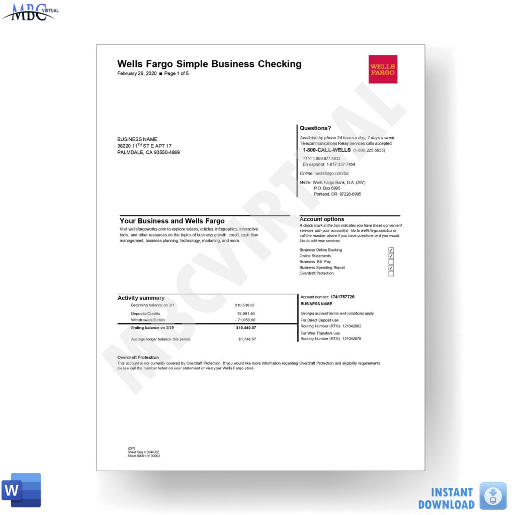 New 2023 Wells Fargo Bank Statement Template Simple Business Checking Mbcvirtual 