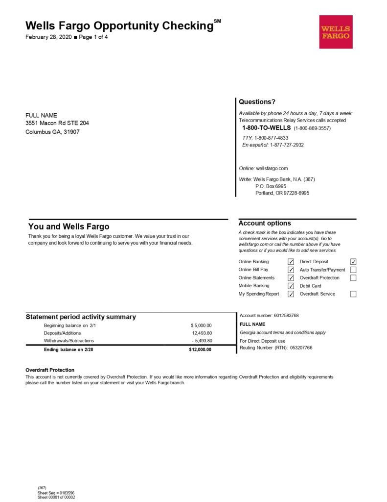 New 2023 Wells Fargo Bank Statement Template - Opportunity Checking ...