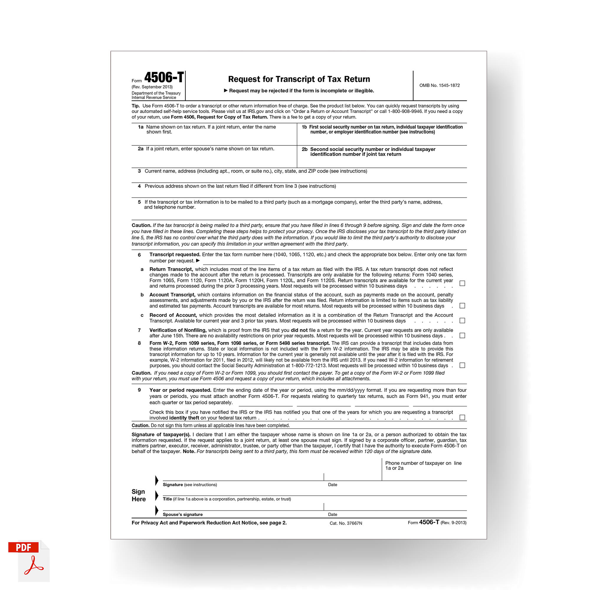 Form 4506-T, Request for Transcript of Tax Return 2013 - MbcVirtual