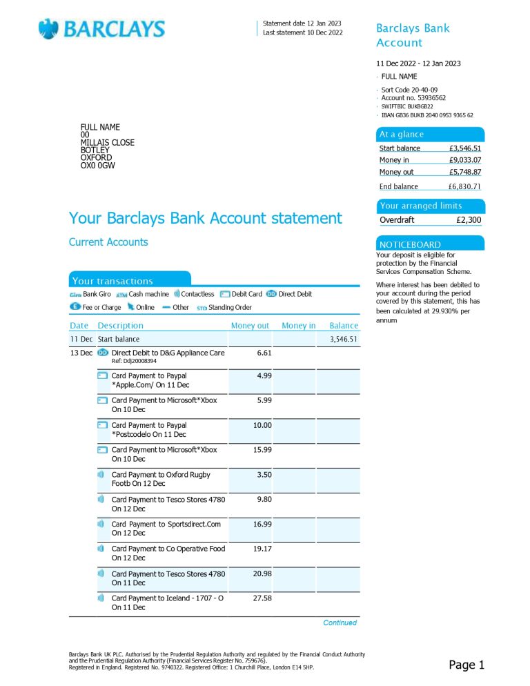 New 2023 Barclays UK Bank Statement Template - MbcVirtual