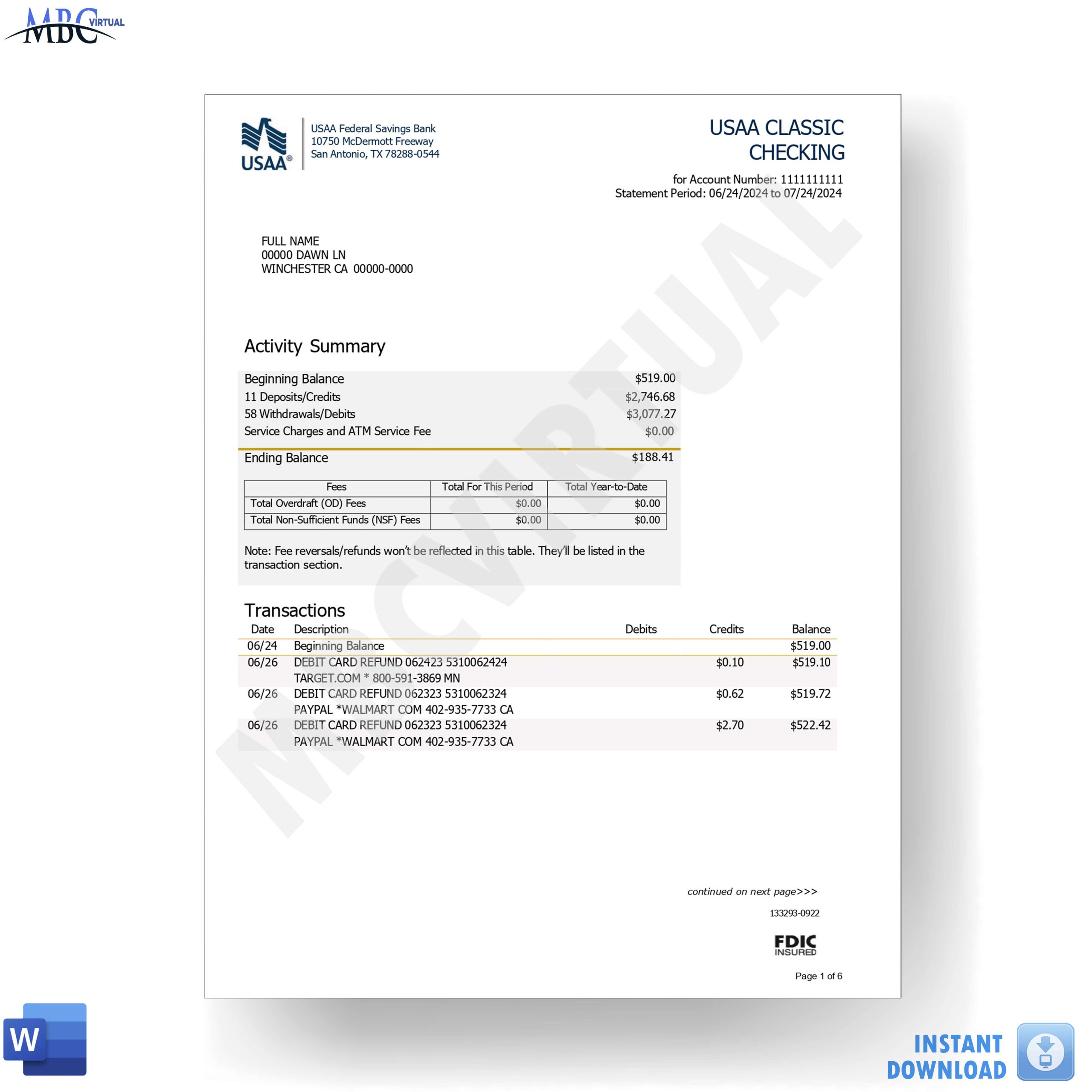 USAA Bank Statement Template