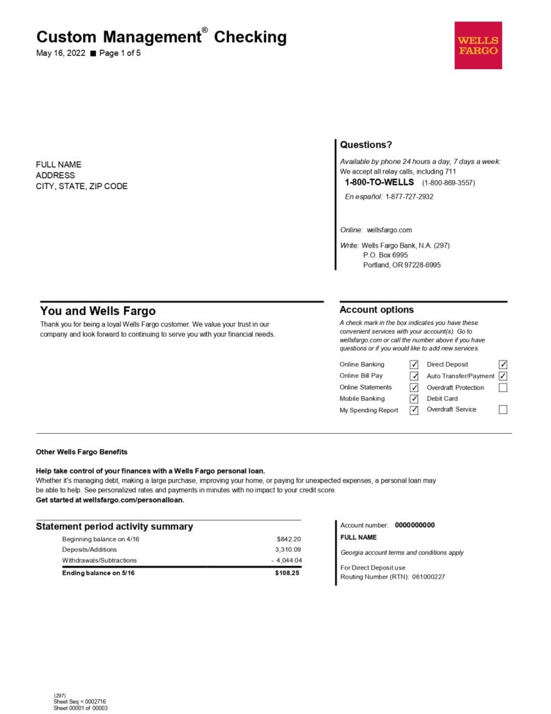 New 2023 Wells Fargo Custom Management Checking Bank Statement Template ...