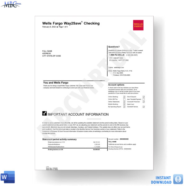 Wells Fargo way2save Checking Bank Statement Template - Mbcvirtual