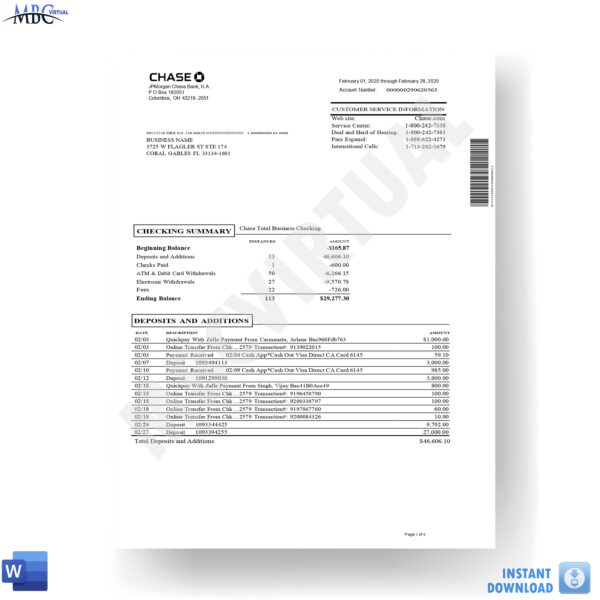 Chase Bank Statement Template - Chase Total Business Checking - Mbcvirtual