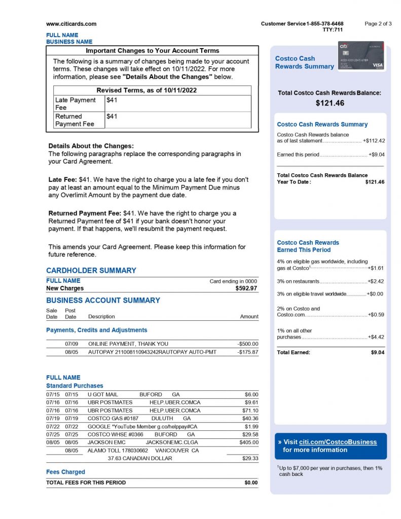 New 2023 Costco Anywhere Visa Business Card By Citi Statement