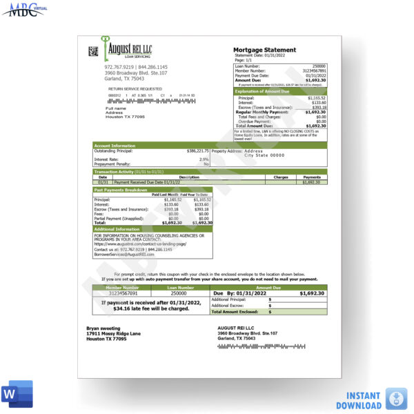 Mortgage Statement August REI LLC Template