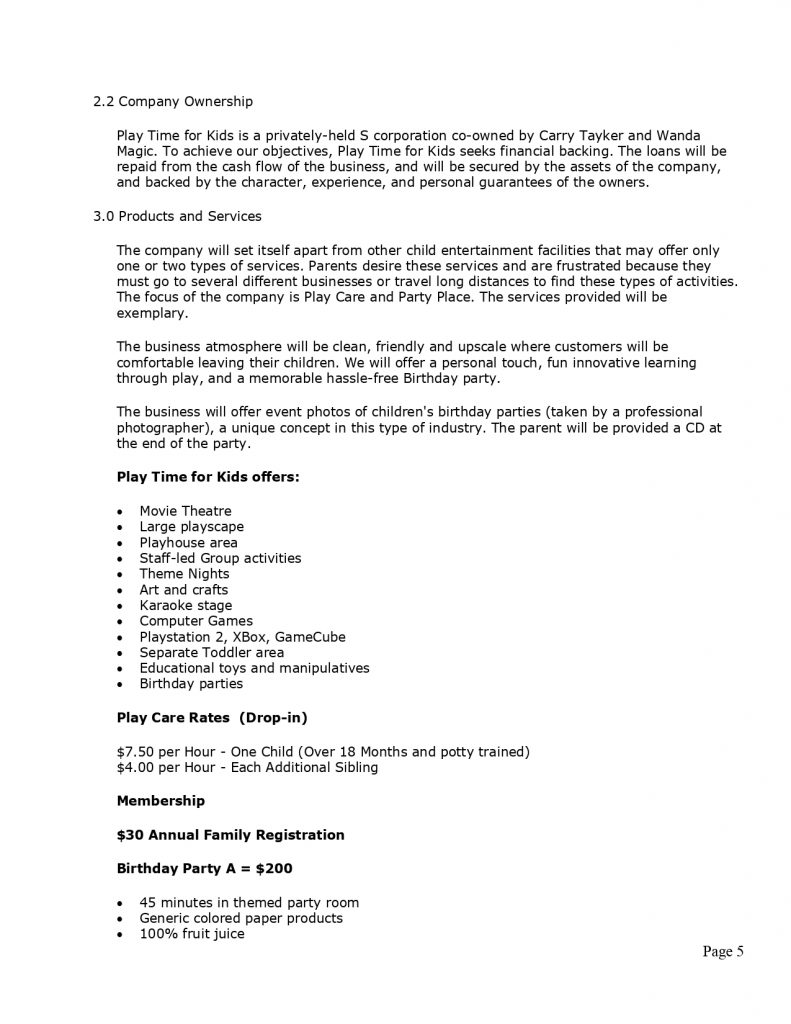 recreation center business plan sample pdf