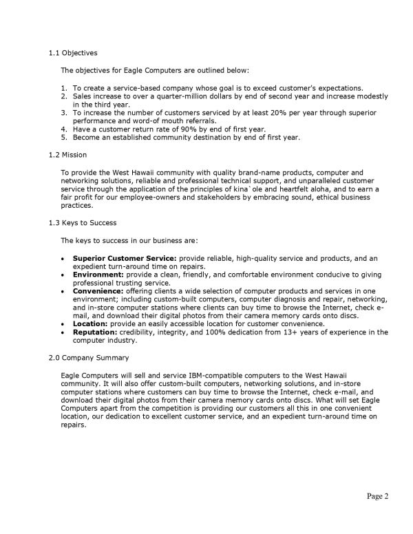 sample of business plan computer shop