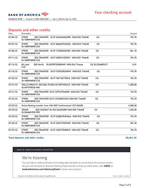 Bank Of America Business Bank Statement Template
