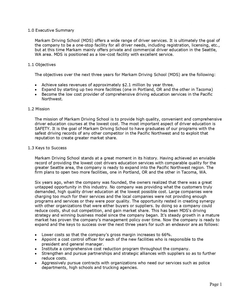 driving school business plan sample pdf