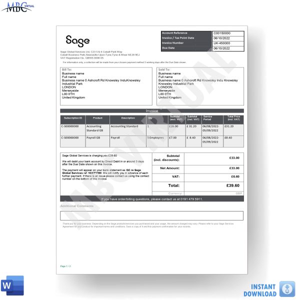 Sage UK Invoice Template