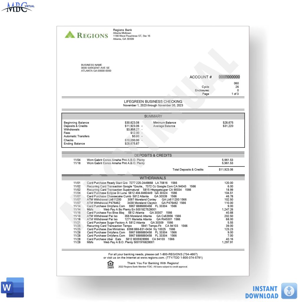 New 2023 Regions Bank Statement Template - Lifegreen Business Checking 