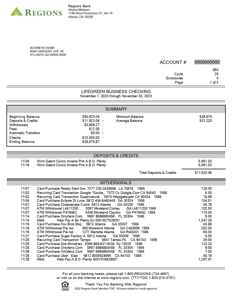 New 2023 Regions Bank Statement Template - Lifegreen Business Checking ...