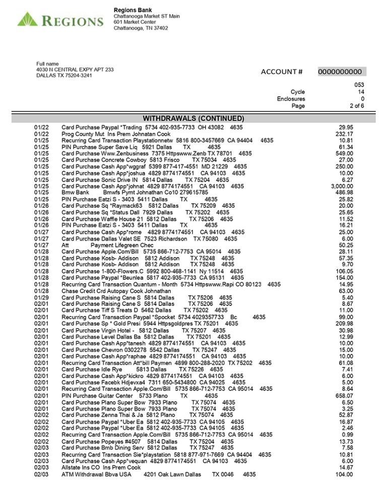 New 2023 Regions Bank Statement Template - Lifegreen Checking Account ...