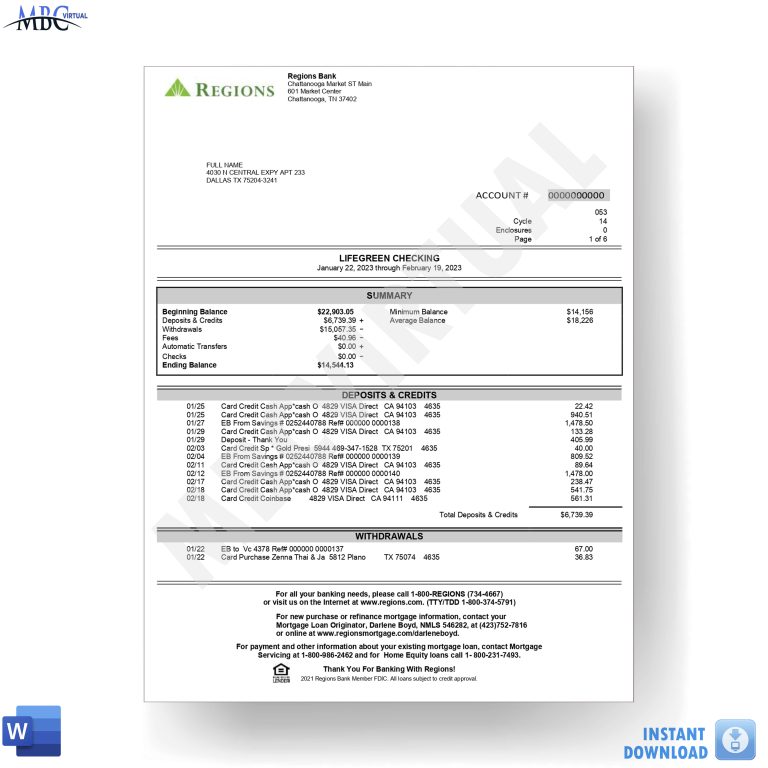 Regions Bank Statement Template - Lifegreen Checking Account - MbcVirtual