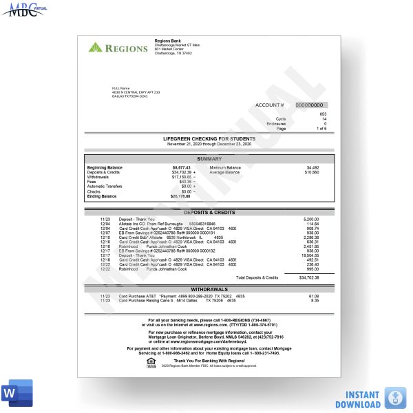 New 2023 Regions Bank Statement Template - Lifegreen Business Checking ...