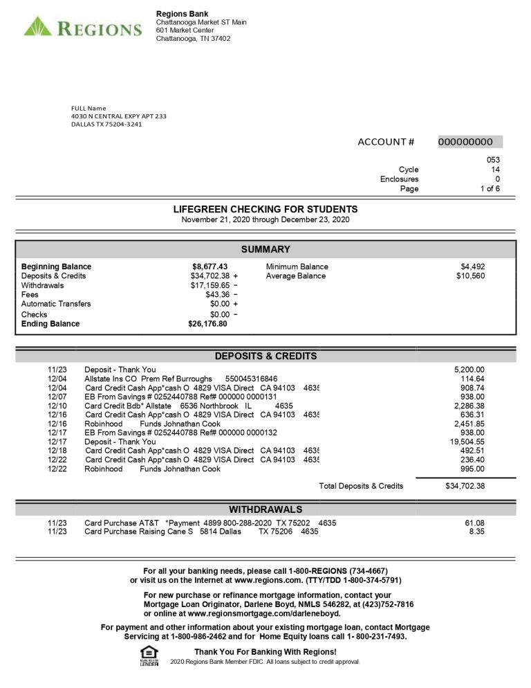 New 2023 Regions Bank Statement Template - Lifegreen Checking for ...