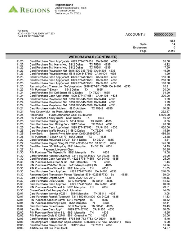 New 2023 Regions Bank Statement Template - Lifegreen Checking for ...