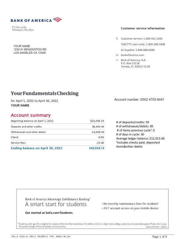 2 Months Bank of America Statements - Personal Fundamental Checking ...