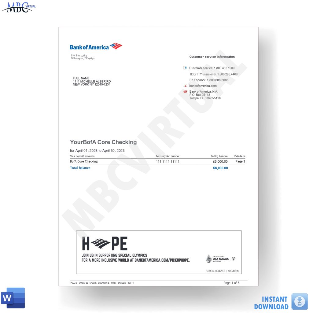 New 2023 Bank Of America Statement Template Core Checking MbcVirtual