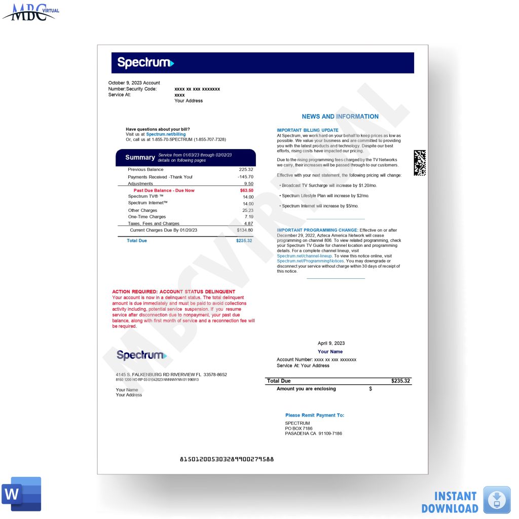 New 2023 Spectrum Bill Template MbcVirtual
