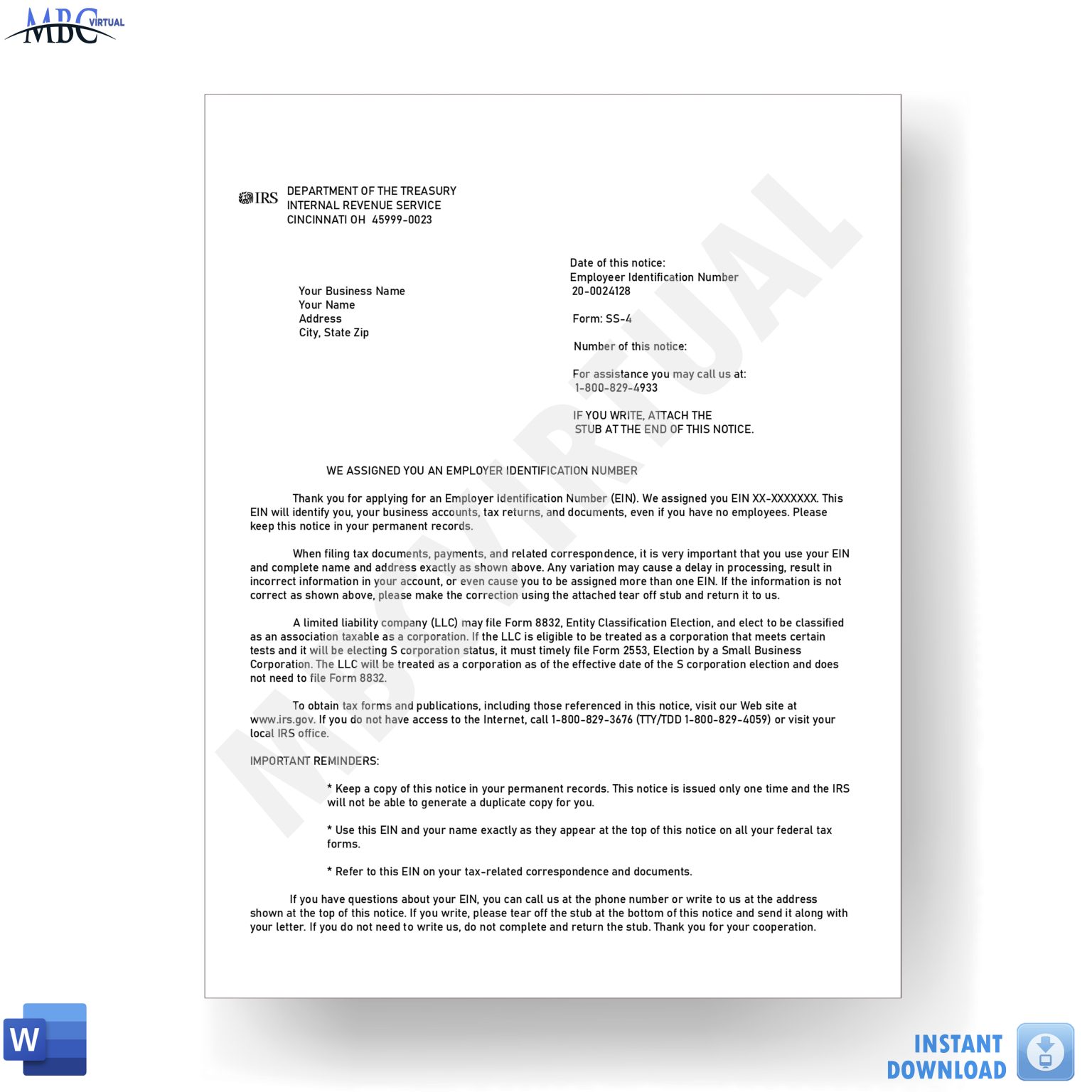 EIN Letter from IRSSS4 IRS Template MbcVirtual