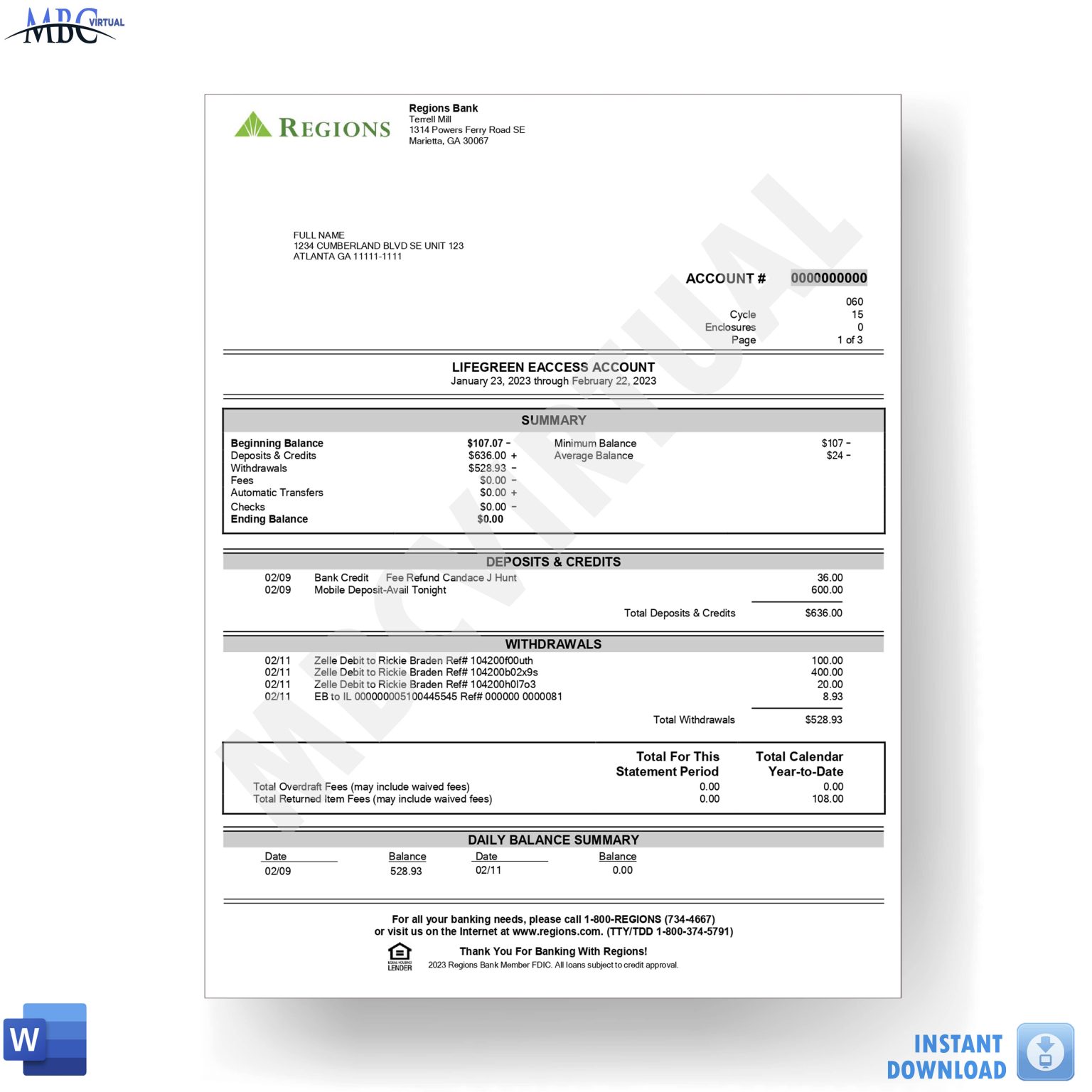 New 2023 Regions Bank Statement Template Lifegreen Business Simple