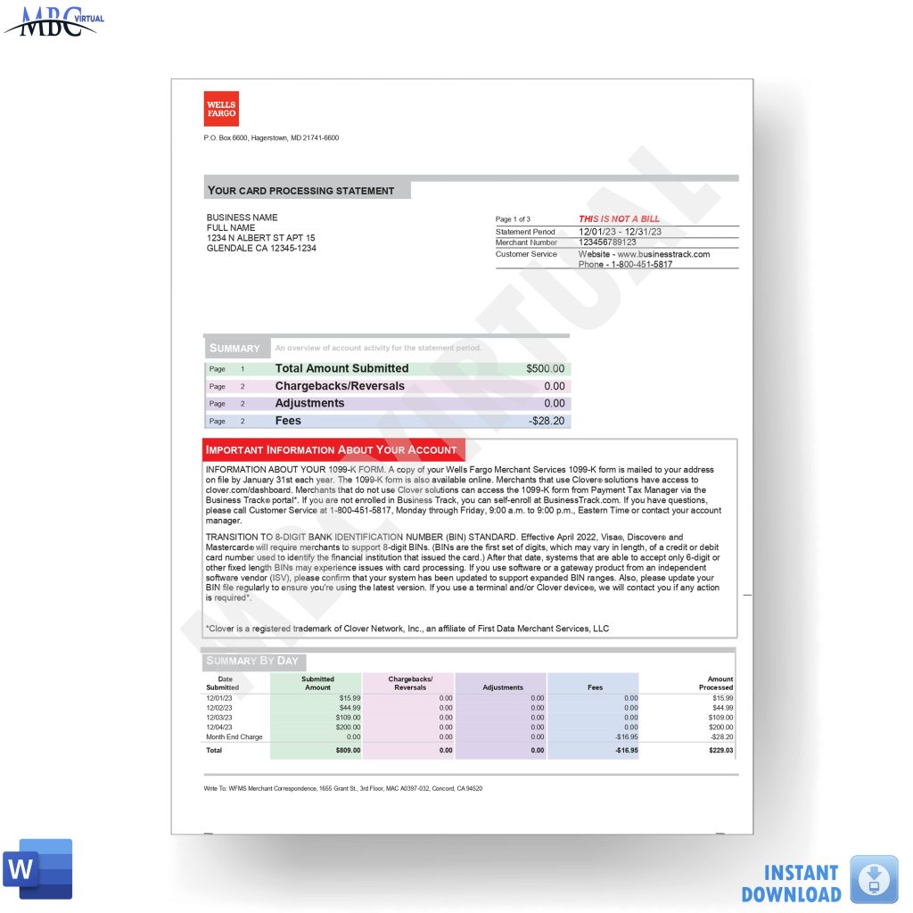 New 2023 Wells Fargo Card Processing Statement Template MbcVirtual