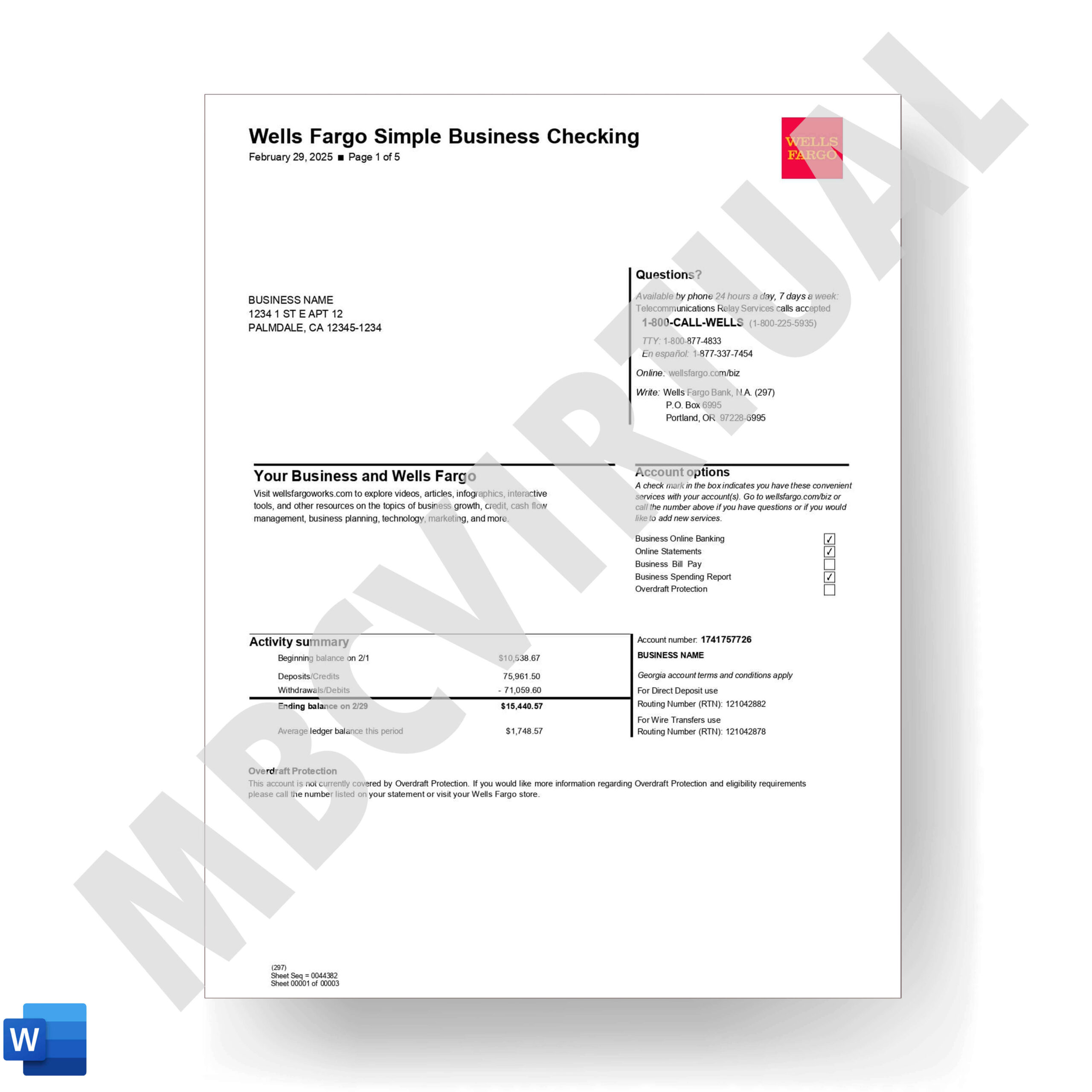 Wells Fargo Simple Business Checking Statement - MbcVirtual